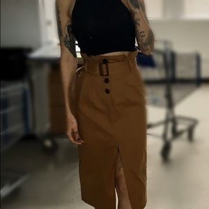 Topshop brown buttoned paperbag waist midi skirt